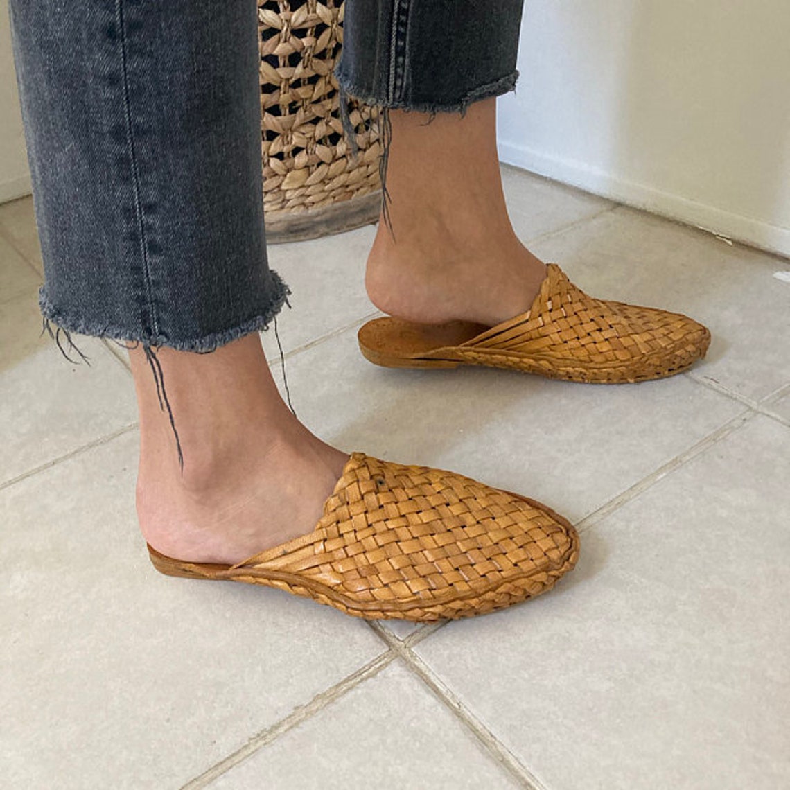 womens woven leather mules