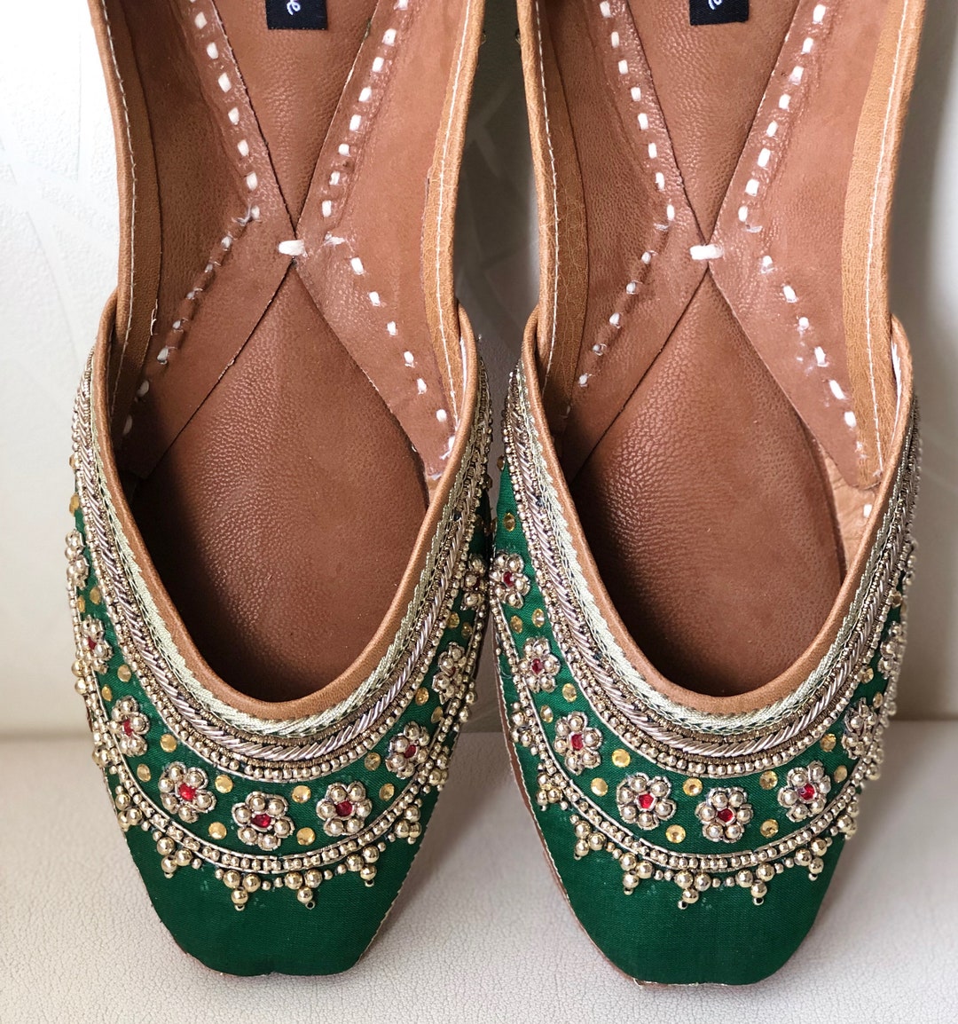 US Punjabi Jutti for Women, Green Embroidered Wedding Shoes