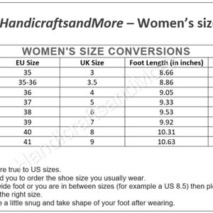 May include: A chart showing women's shoe size conversions in US, EU, and UK sizes. The chart also includes foot length measurements in inches and centimeters.