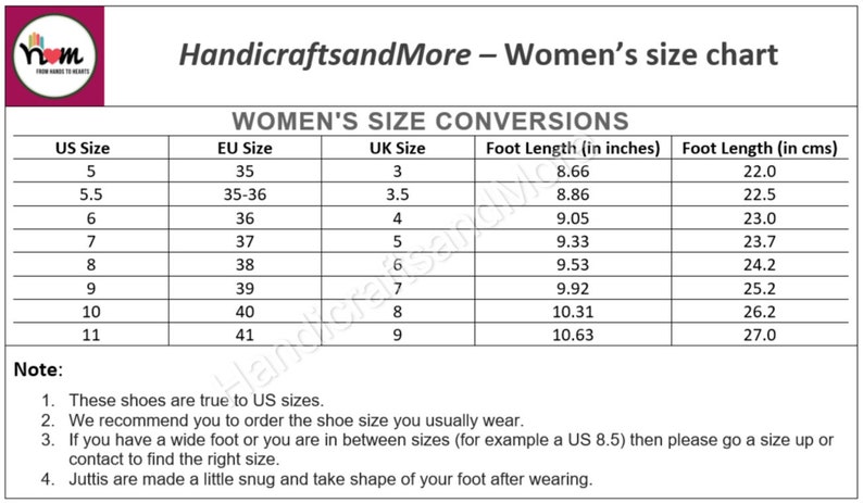 May include: A chart showing women's shoe size conversions in US, EU, and UK sizes. The chart also includes foot length measurements in inches and centimeters.
