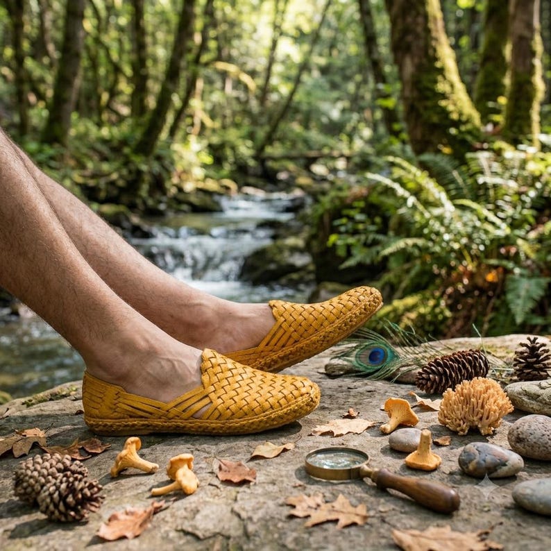May include: A pair of mustard yellow woven slip-on shoes featuring a crisscross leather pattern, a rounded toe, and a flat sole. The shoes are constructed with a flexible, interlaced design that covers the top of the foot and the heel area.
