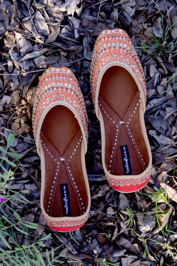 Orange Sequin Jutti Flats, Embroidered Indian Wedding Shoes