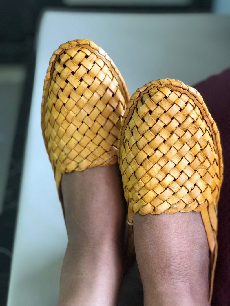 Womens woven mules, Criss Cross Leather women Shoes, Light Brown Women Flats, Women Slippers, Handmade Slippers, Casual Shoes, Indian shoes image 5