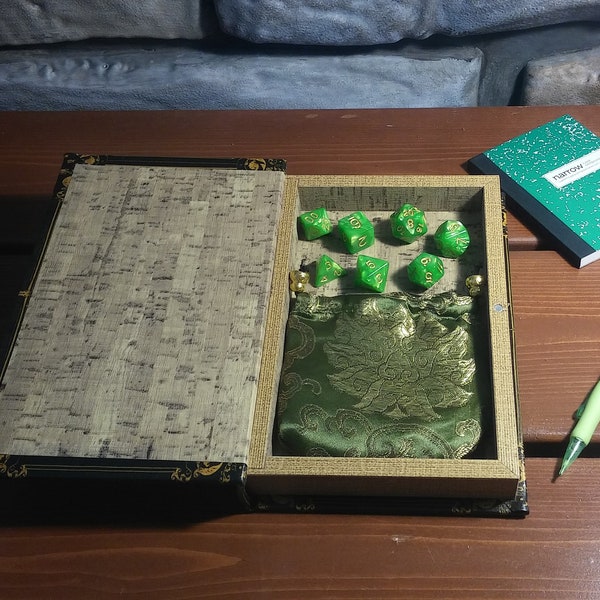 Grasgroen holle boek dobbelstenen vak set van 7 polyedrale dobbelstenen een notebook zijde dobbelstenen tas Dungeons and Dragons D&D DND Pathfinder Cathulu Marvel