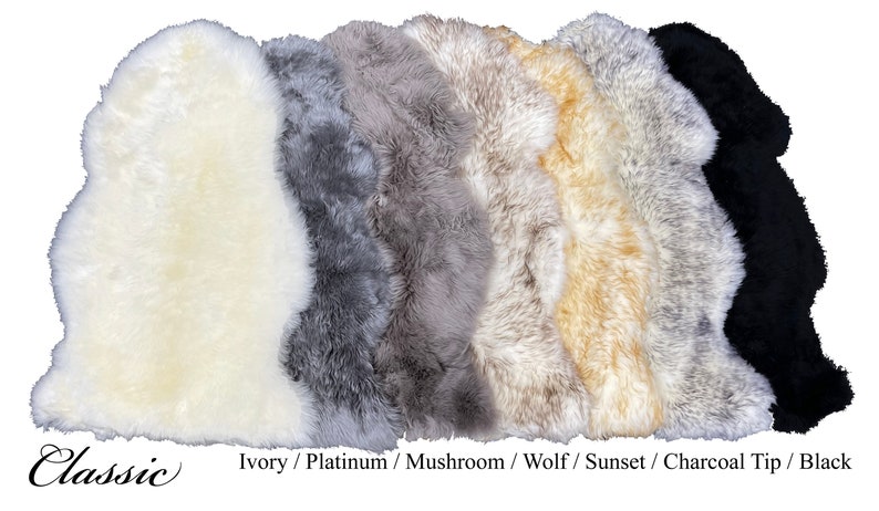 May include: A variety of sheepskin rugs in different colors, including ivory, platinum, mushroom, wolf, sunset, charcoal tip, and black. The rugs are arranged in a row, with the ivory rug at the front and the black rug at the back. The text "Classic" is visible at the bottom left of the image.