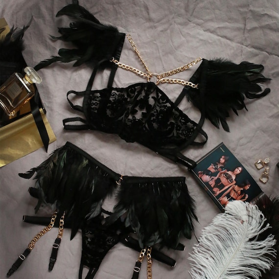 Role Play Lingerie Black Angel Lingerie Set Sexy Black Costume Set Boudoir  See Through Lingerie Set Burlesque Luxury Costume Mature