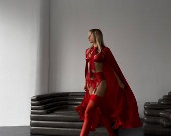 Luxurious Elegance Long Silk Robe Cape, Long Silk Robe, Silk Sexy Nightwear, Red Silk Robe for a Spicy Night, Silk Sexy Outfit