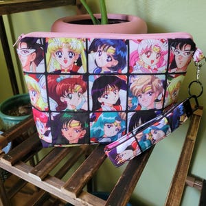 Sailor Guardians and Tuxedo Masks Makeup Bag w/ Wristlet | Moon Girl Bag | Kawaii Anime Accessory Organizer | Magical Girl Gift|