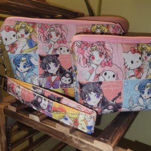 Sailor Guardian Stuffed Animals Makeup Bag Set w/ Wristlet | Moon Girl Bag | Kawaii Anime Accessory Organizer | Magical Girl Gift 2 bag set