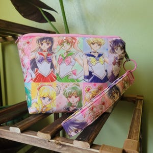 Pink Sailor Guardians Power Squad Makeup Bag w/ Wristlet | Moon Girl Bag | Kawaii Anime Accessory Organizer | Magical Girl Gift|