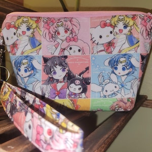 Sailor Guardian and Cute Friends Makeup Bag w/ Wristlet | Moon Girl Bag | Kawaii Anime Accessory Organizer | Magical Girl Gift|