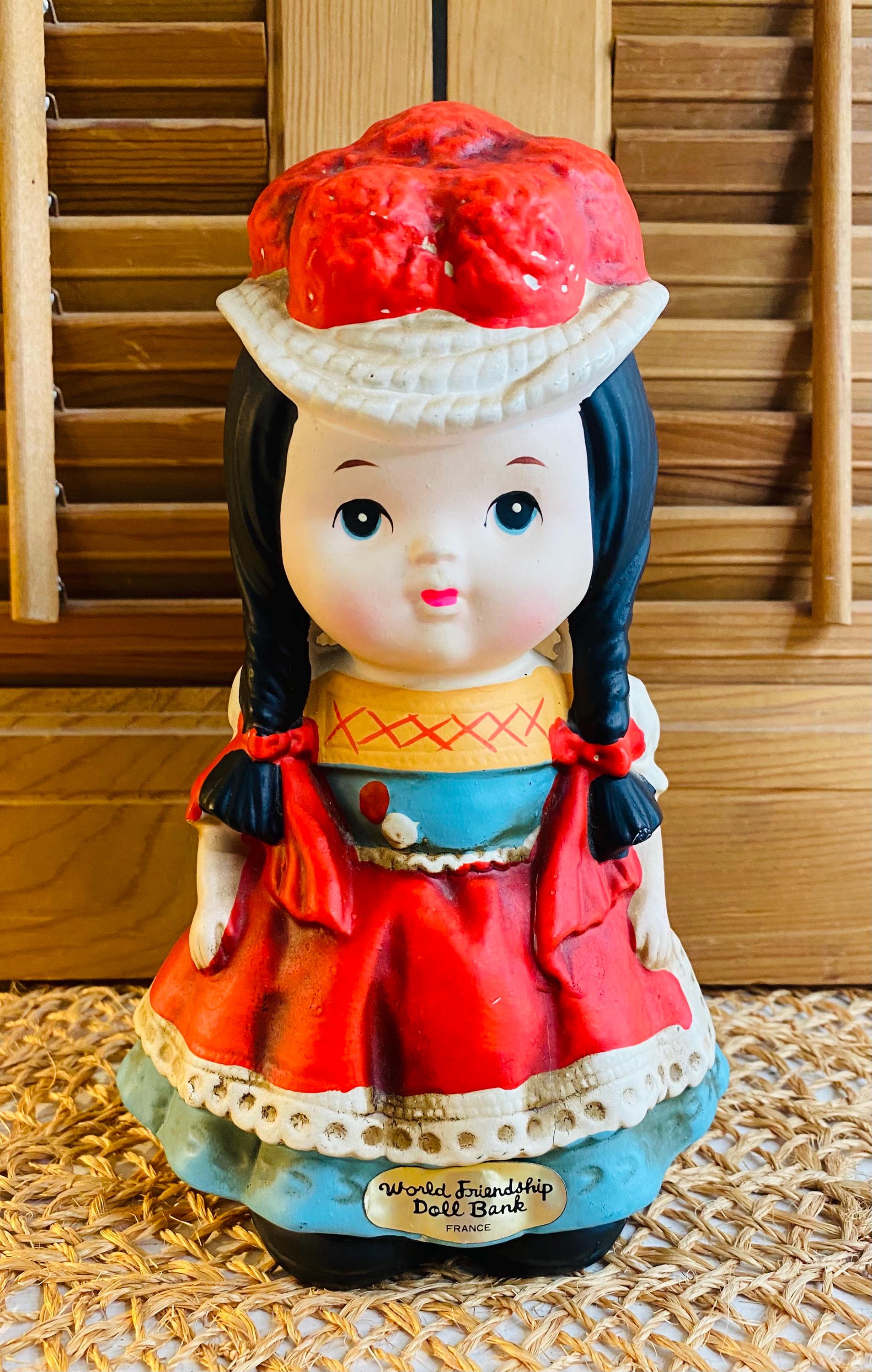 Vintage Doll Coin Bank, Chalk Ware, World Friendship France Doll