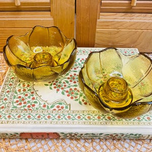Vintage Candle Holders, Amber Glass,  Round Flower Shape, Anchor Hocking