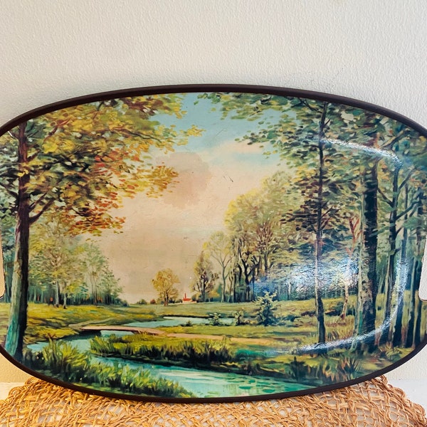 Vintage Landscape Tray, Shades of Green Meadow, Wrapped Handles, Oval