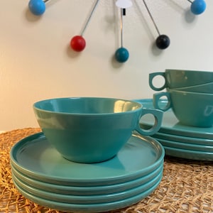 Vintage Melamine  Dish Set, 4 Each Plates, Cups, and Saucers, Turquoise, Aztec, Melmac