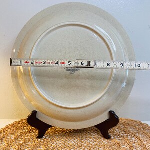 May include: A beige ceramic plate with a speckled design, approximately 25 cm in diameter, is displayed on a dark brown stand. The plate's underside is visible, with text indicating it is dishwasher safe and made in Japan.