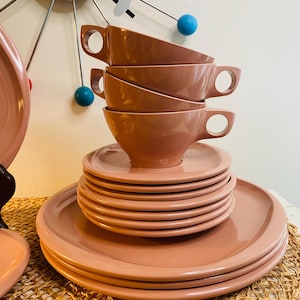 Vintage  Melamine Boontonware Belle, Dinner Plates, Dessert Plates,  Cups and Saucers, Dusty Rose