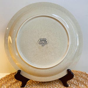 May include: A beige Empress Stone Ware plate with a speckled design. The plate is marked "SUMMERTIME" and "DISHWASHER SAFE" with "JAPAN" printed below. The plate is displayed on a brown stand.