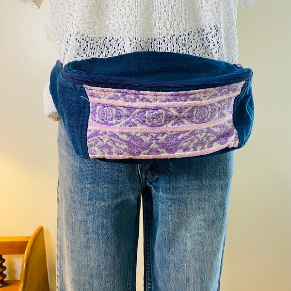 Vintage Fanny Pack, Denim with Tapestry Print