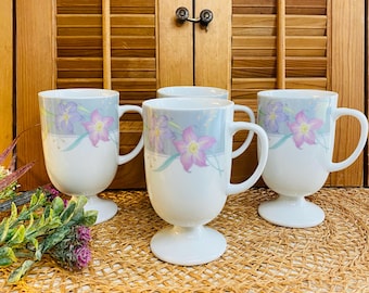 Vintage Pedestal Mugs, 1980’s, Pastel Floral, Remembrance Collection, Set of Four, Japan