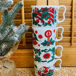 Vintage Christmas Stacking Mugs, Holiday Mugs, Set of Four, Made in Japan, 1960&#39;s