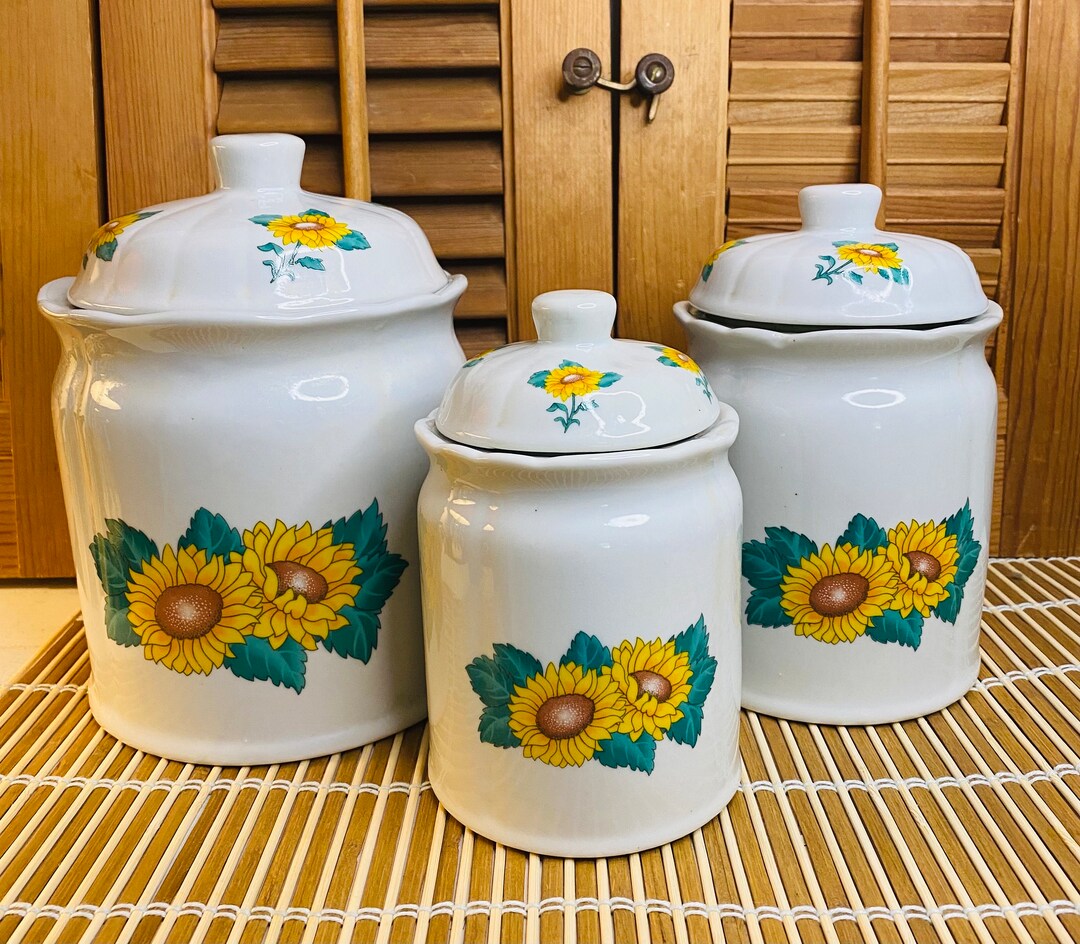 Vintage Sunflower Canisters Set of Three Ceramic Etsy