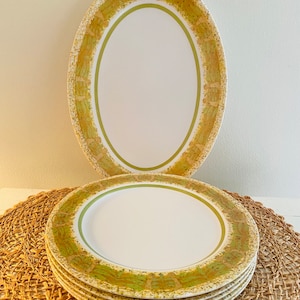 Vintage Melamine Serving Platter Matching Plates, Green and Gold, O’Neida Deluxe