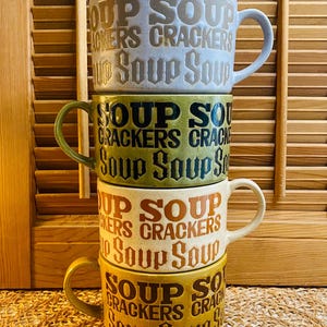 Vintage Soup Mugs “Soup and Crackers”, Stoneware, Set of Four, Made in Japan