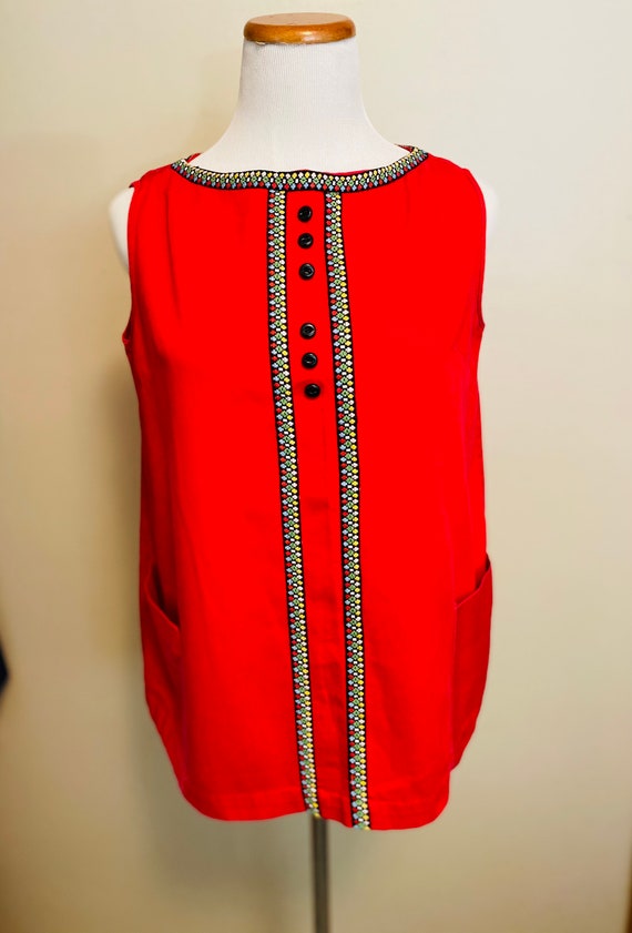 Vintage 1970’s Top, Sleeveless, Red with Boho Trim