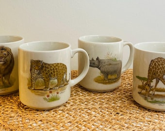 Vintage Animal Mugs, Ceramic Jungle Animal Mugs, Set of Four, Japan