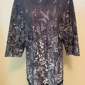 Vintage Plus Size Tunic Top, Peasant Top Black  and White Botanical Print, Size  161/2, by Anthony Richards