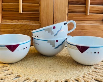 Vintage 80s Studio Nova Tea Cups, Geonetric Deco Design, Set of Four