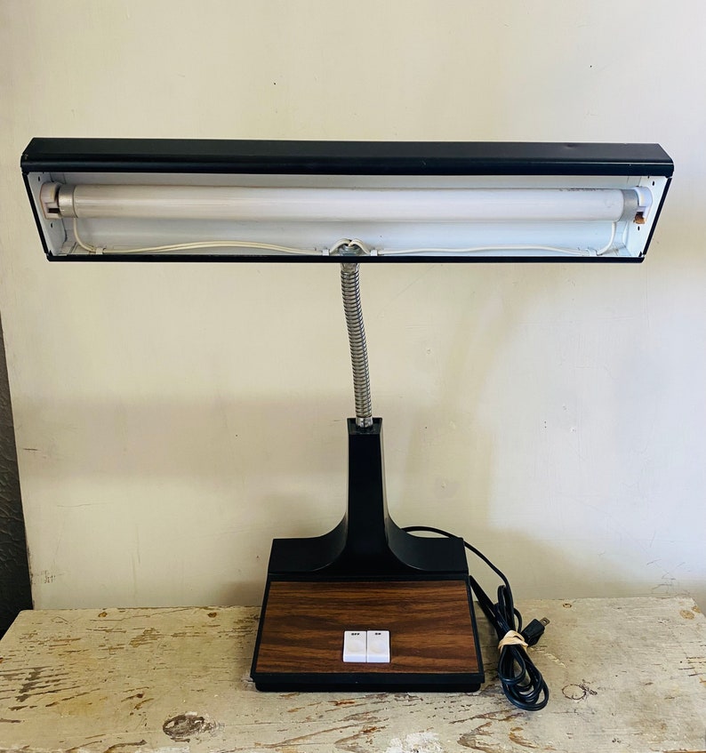 May include: A black and brown desk lamp with a flexible arm and a fluorescent light bulb. The lamp has two switches on the base.