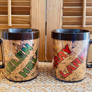 Vintage Thermo Serv Plastic Mugs, “Helen or Larry” Insulated Coffee Mugs, Camping Mugs