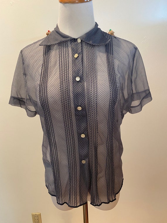Vintage Blouse, Sheer Navy and White Button  Down… - image 2