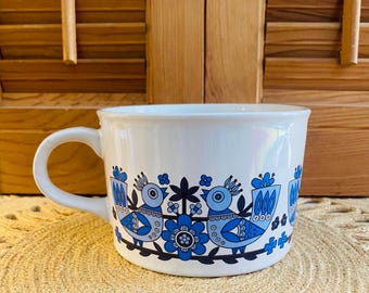 Vintage Stoneware Bluebirds Soup Mug, 1982 FTD Folk Art Bird Mug