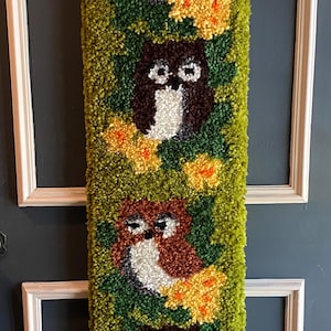 Vintage Latch Hook Rug Owls Wall Hanging, Happy Owls Yarn Rug