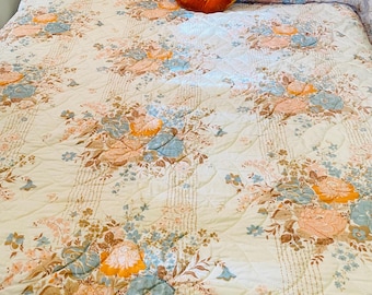 Vintage Bedspread, 1970’s Floral, Full Size, Quilted, Orange, Pink, Blue