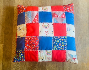 Vintage Patchwork Throw Pillow, Patriotic, Handmade
