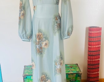 Vintage  Maxi Dress, Floral Polyester, Festival Dress, Belled Sleeves, Homemade , 1970’s
