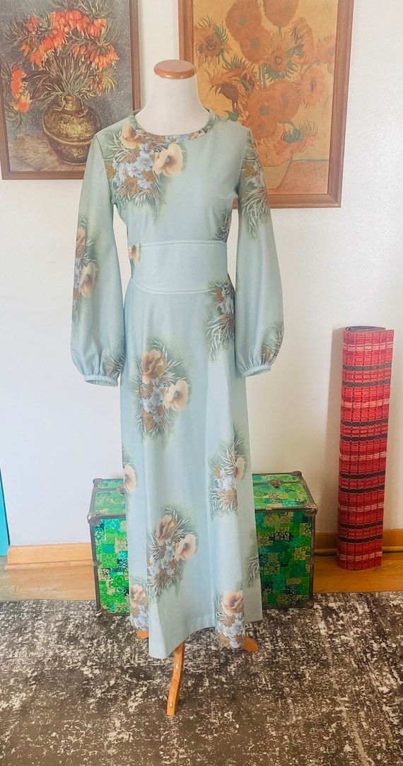 vintage festival dress Vintage Maxi Dress, Floral Polyester, Festival Dress, Belled Sleeves,  Homemade , 1970’s