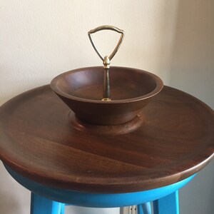 Vintage MCM Wood Tiered Tray, Two Piece Solid Walnut, Centerpiece with Plated Gold Handle