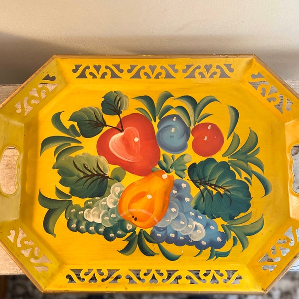 Vintage Toleware Metal Tray, Hand Painted Fruit, Cutwork Edging, Handles