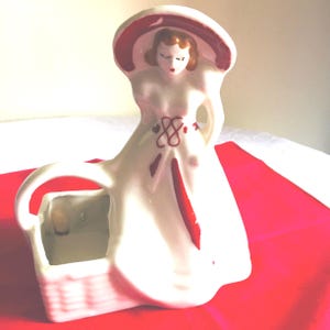 Vintage Southern Bell with Basket Figurine Planter, White and Red