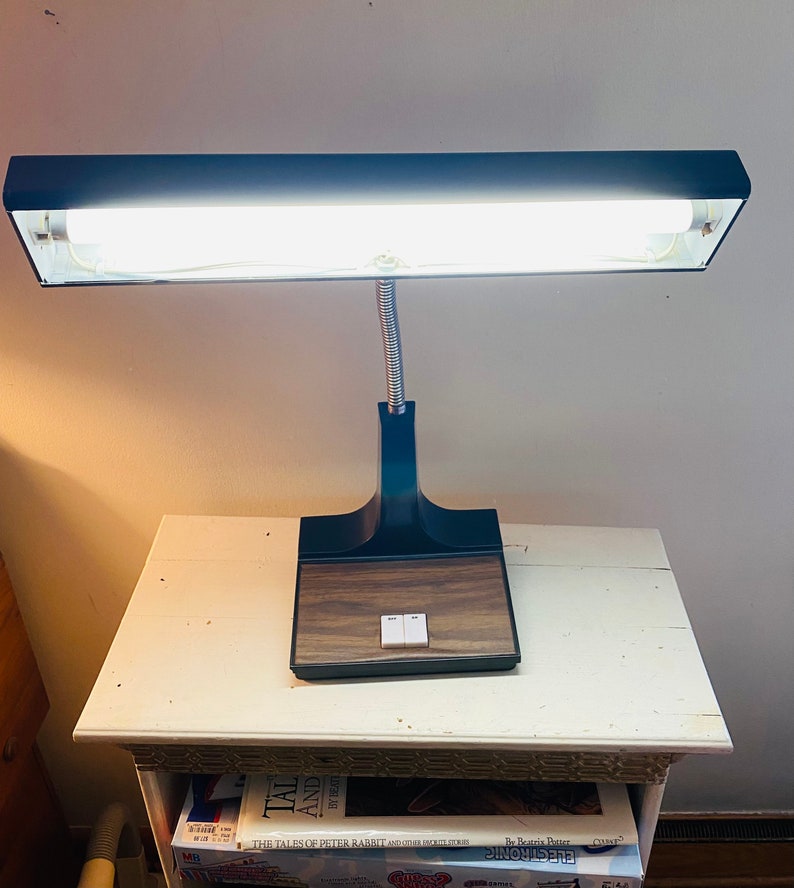 May include: A black and brown desk lamp with a long, thin fluorescent bulb. The lamp has a flexible neck and a wooden base with two switches.