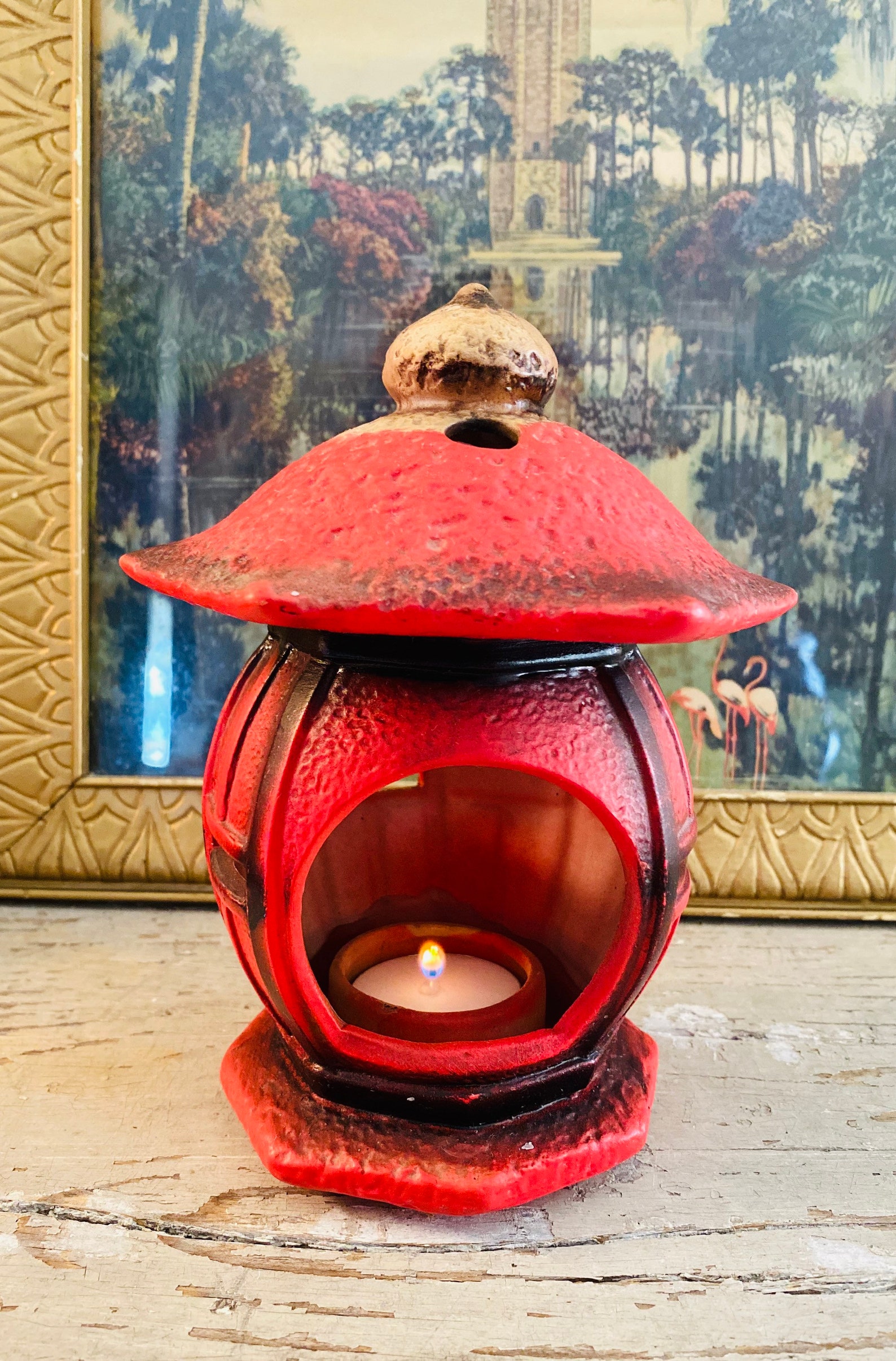 Vintage Ceramic Red Lantern Candle Holder Etsy