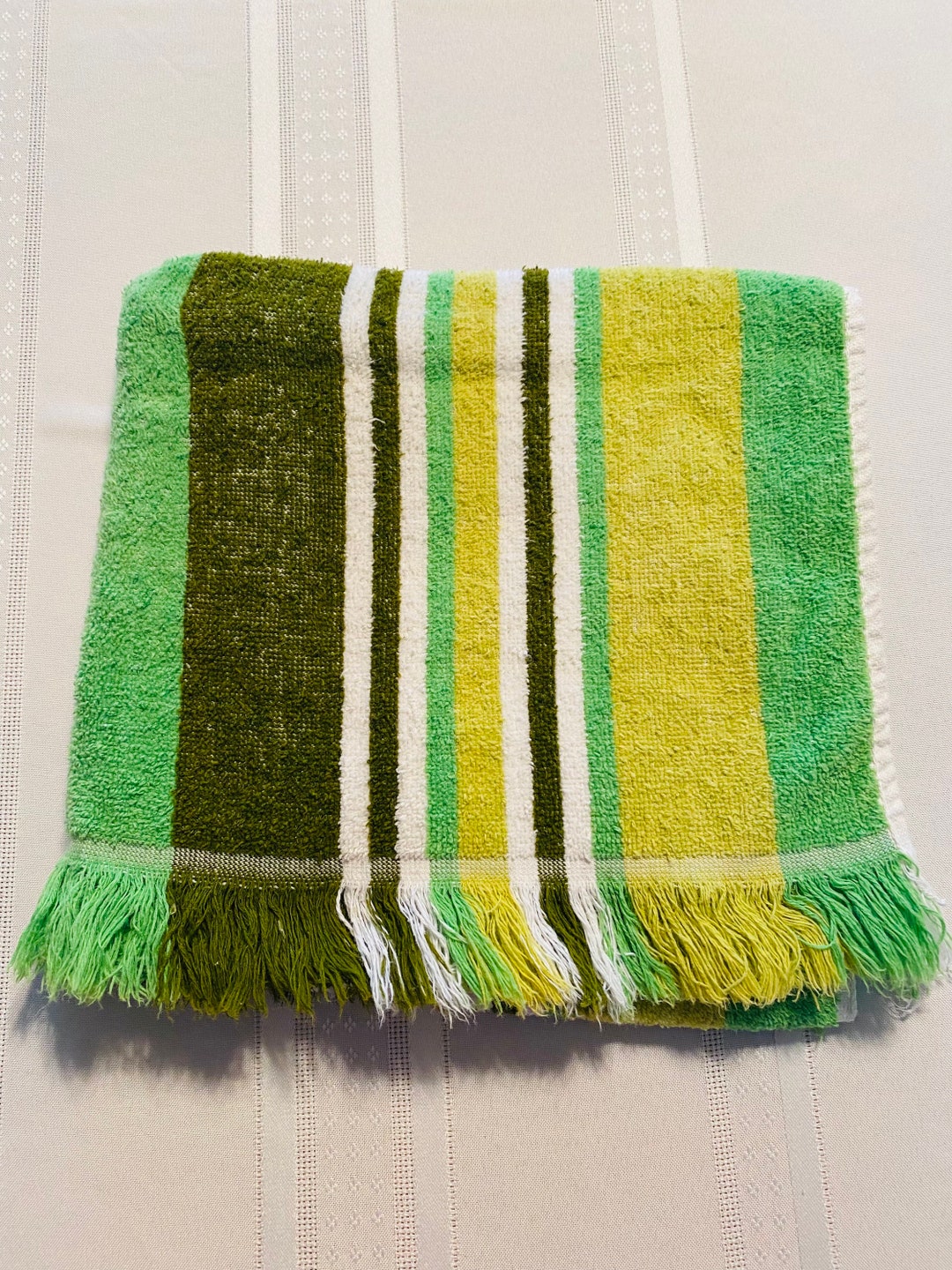 Vintage Striped Bath Towel, Retro Shades of Green Stripes, Cannon, All