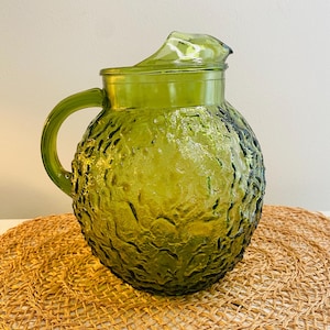 Vintage Crinkle Glass  Pitcher, Anchor Hocking Lido Milano Ball Pitcher with Ice Lip, Avocado Green, 1960&#39;s