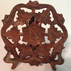 Trivet, Boho Carved Wood,  Round, Flowers and Leaves, Made in India