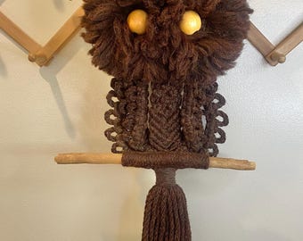 Vintage Macrame Owl Wall Hanging, Wooden Bead Eyes